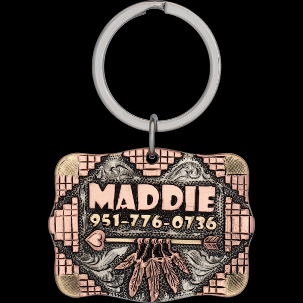 MADDIE, German Silver Base With Antique 2" x 1.5" with Copper and Jewelers Bronze Letters and Arrow with Feathers.